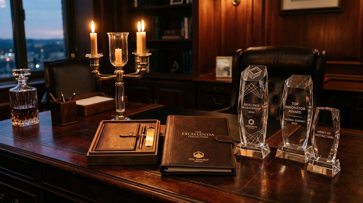 corporatertaditions — elegant awards and corporate gifts on mahogany desk